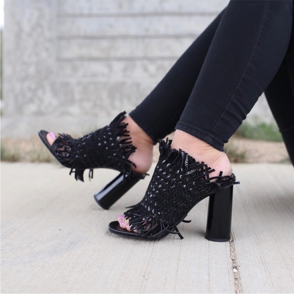 Proenza Schouler Black Woven Fringe Mules Heel Sandal Leather Designer 36 US 6